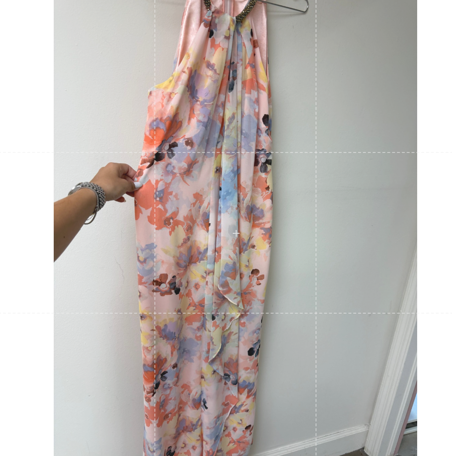 Calvin Klein Chiffon Floral Print Beaded Halter Draped Maxi Dress Pink Size 12